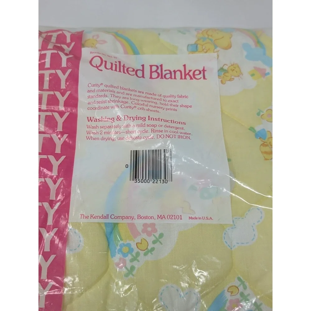 Vintage Curity 1981 Baby Quilt Blanket Yellow Rainbow Elephant Cat Bear NEW OPEN